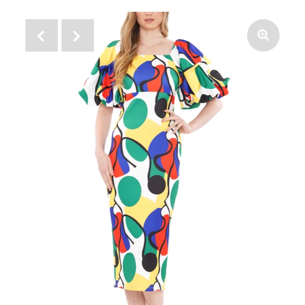 🫦WHY DRESS SCUBA NEOPRENE PUFF SLEEVE MIDI PENCIL DRESS